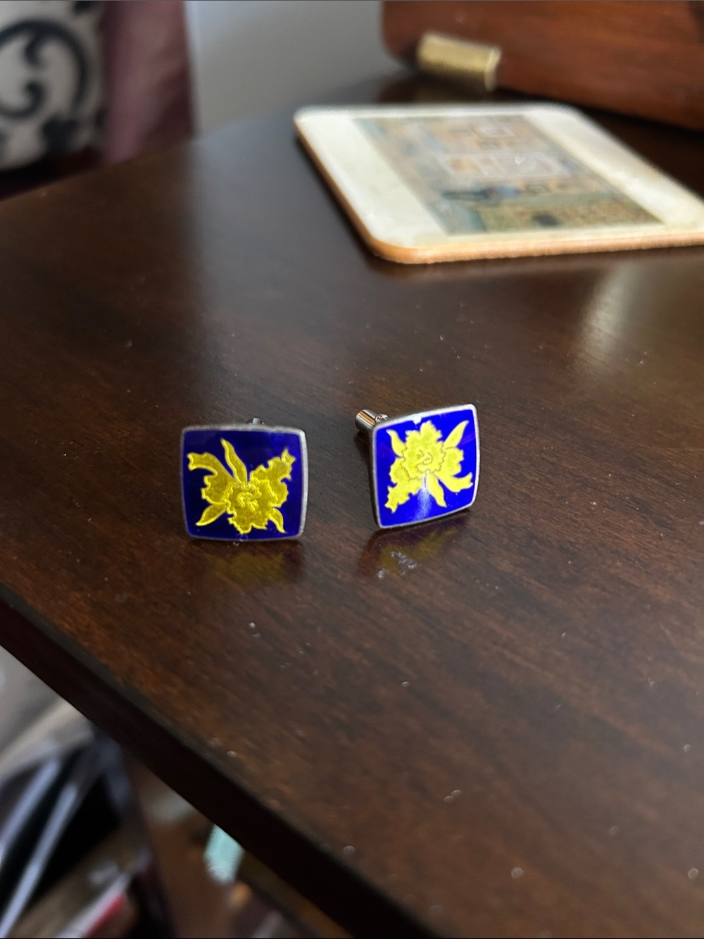 Silver.  Square Blue Enamel Cufflinks with Yellow Floral Emblem